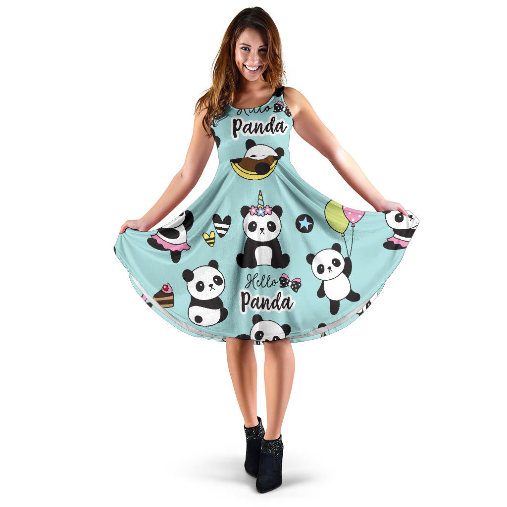 Cute Baby Panda Pattern Sleeveless Midi Dress