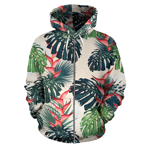 Heliconia Flowers, Palm And Monstera Leaves Zip Up Hoodie