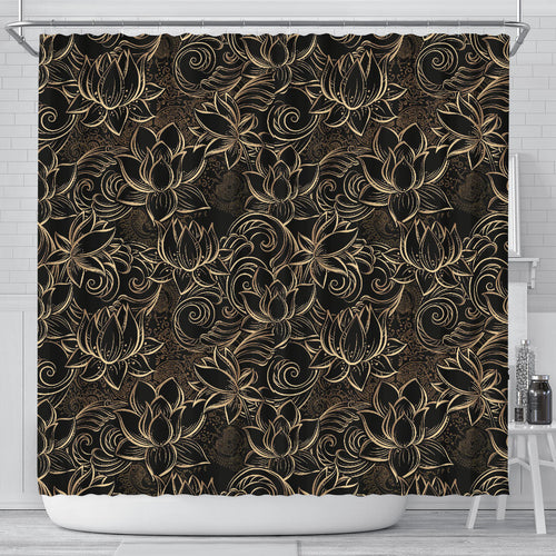 Luxurious Gold Lotus Waterlily Black Background Shower Curtain Fulfilled In US