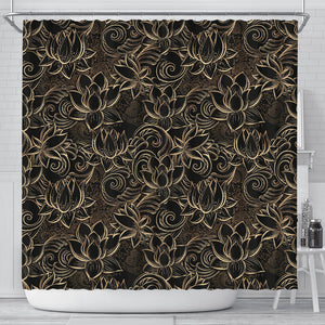 Luxurious Gold Lotus Waterlily Black Background Shower Curtain Fulfilled In US