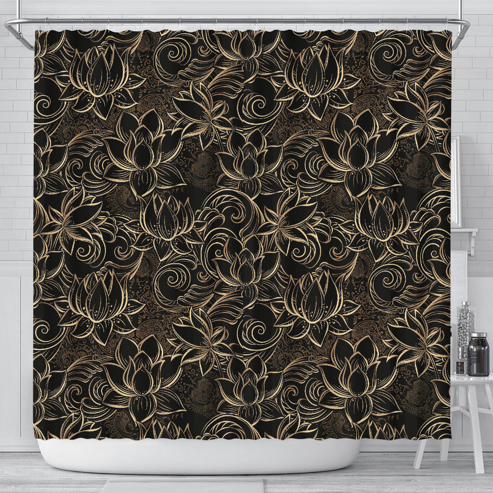 Luxurious Gold Lotus Waterlily Black Background Shower Curtain Fulfilled In US