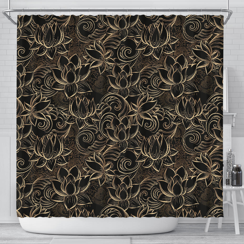 Luxurious Gold Lotus Waterlily Black Background Shower Curtain Fulfilled In US