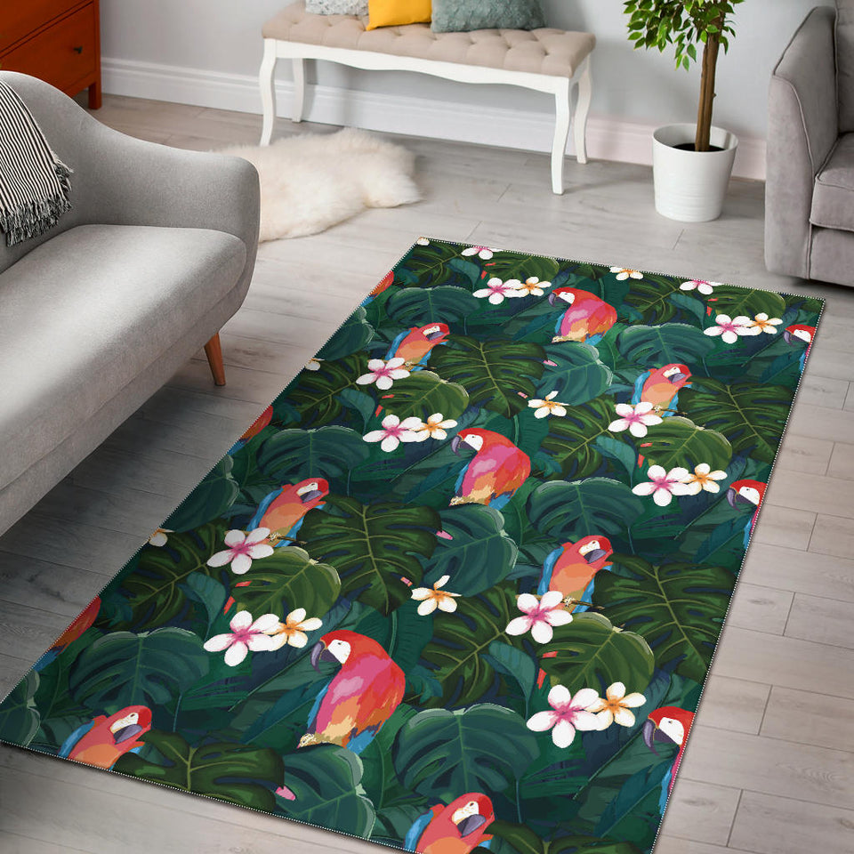 Parrot Palm Tree Leaves Flower Hibiscus Pattern Area Rug
