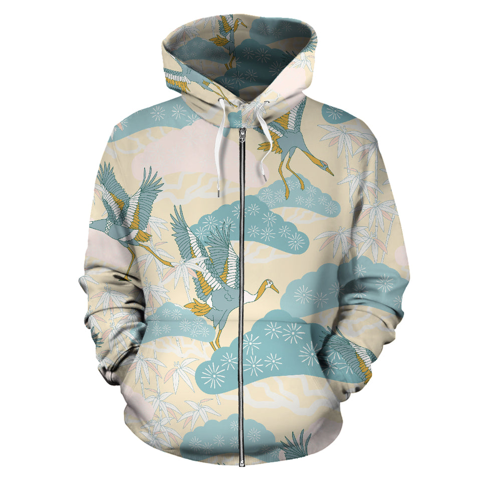 Bonsai Bamboo Stork Japanese Pattern Cream Theme Zip Up Hoodie