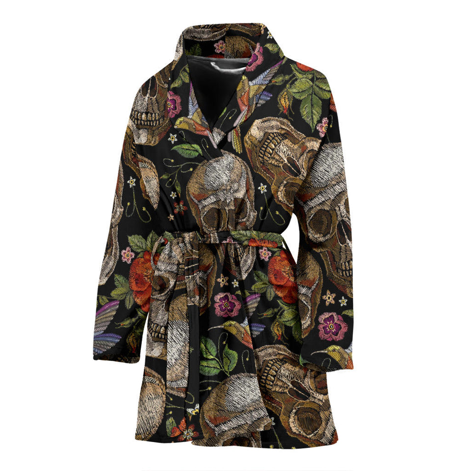 Skull Rose Humming Bird Flower Pattern Women'S Bathrobe