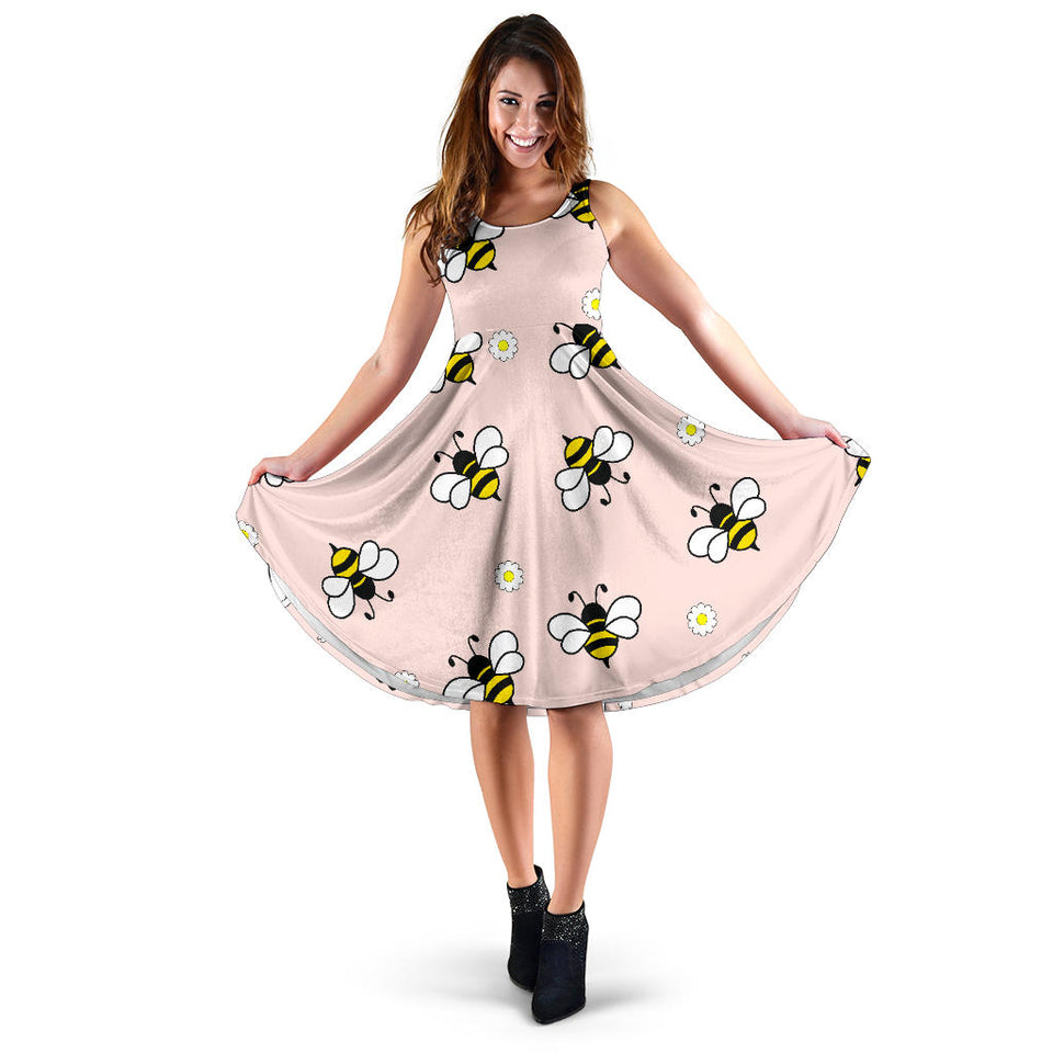 Cute Bee Flower Pattern Pink Background Sleeveless Midi Dress