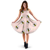 Cute Bee Flower Pattern Pink Background Sleeveless Midi Dress