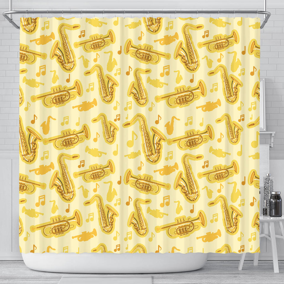 Saxophone Cornet Pattern Yellow Background Shower Curtain Fulfilled In US