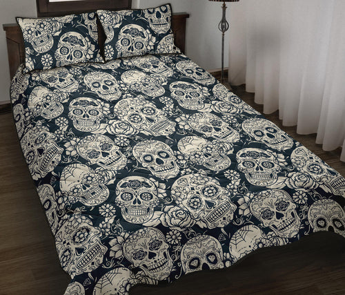 Sugar skull black white pattern Quilt Bed Set