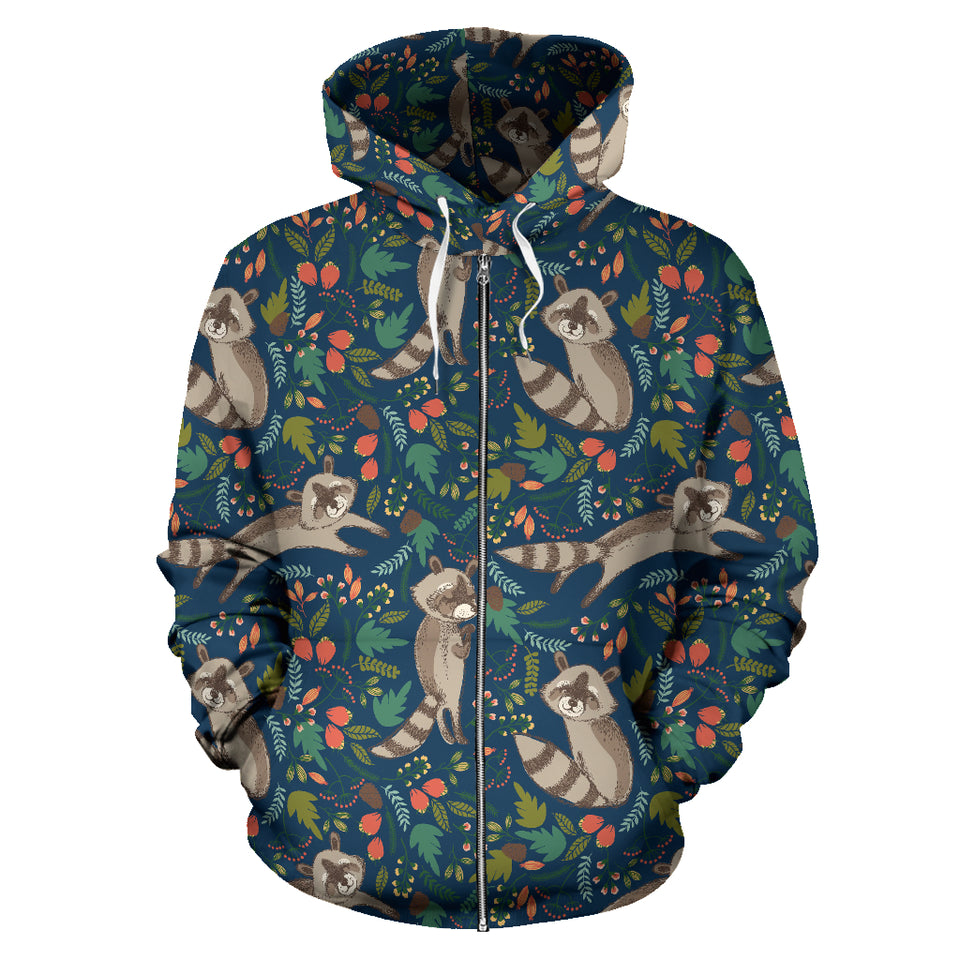 Raccoon Tropical Leaves Pattern Zip Up Hoodie