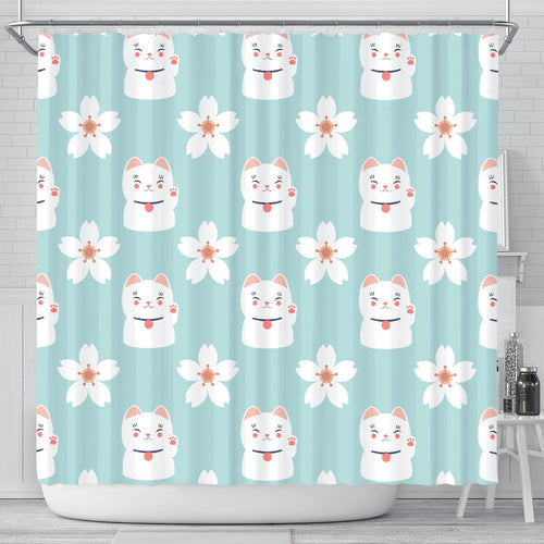 Maneki Neko Lucky Cat Sakura Shower Curtain Fulfilled In US