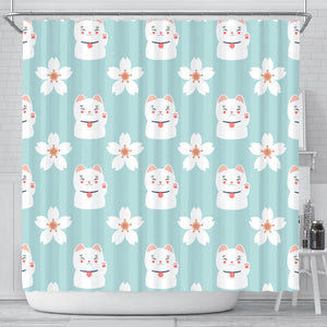 Maneki Neko Lucky Cat Sakura Shower Curtain Fulfilled In US