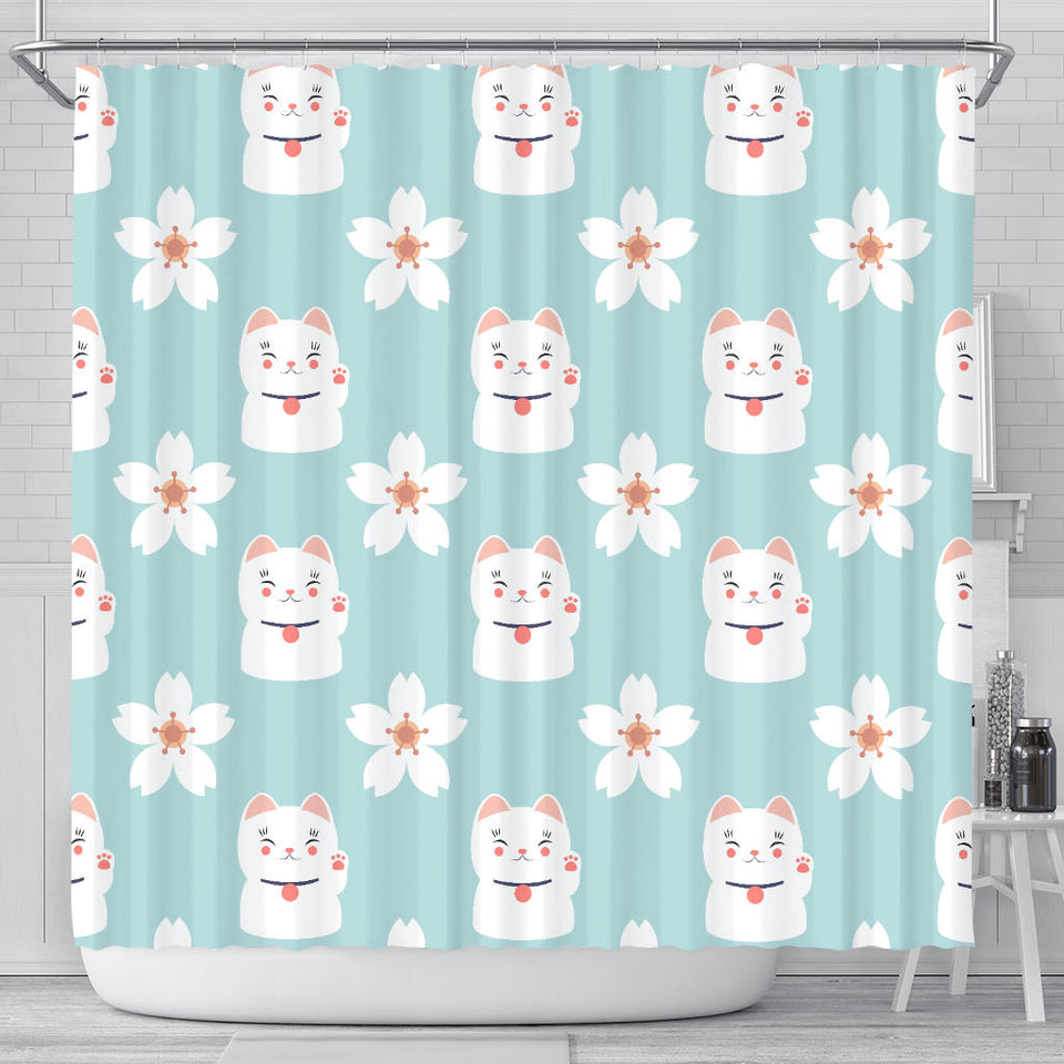 Maneki Neko Lucky Cat Sakura Shower Curtain Fulfilled In US