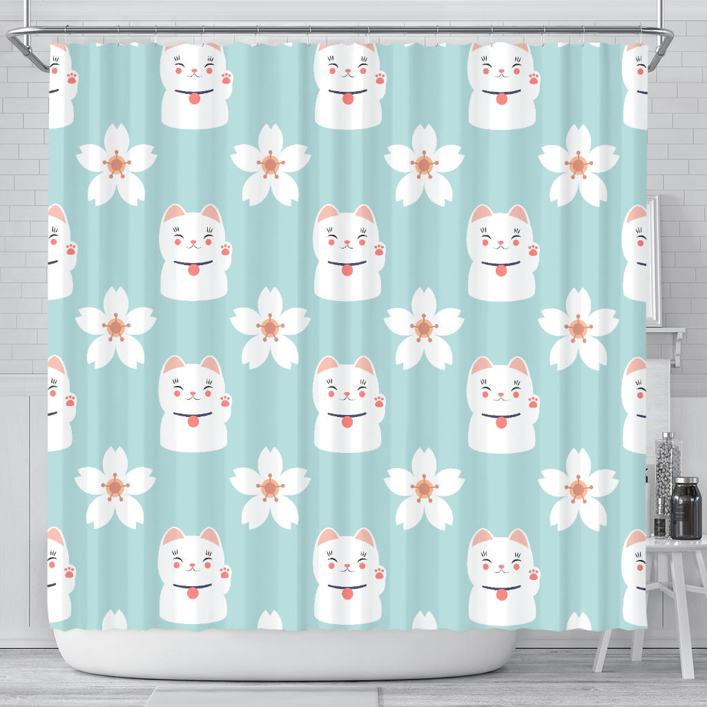 Maneki Neko Lucky Cat Sakura Shower Curtain Fulfilled In US