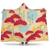 Red Bonsai Gray Sun Japanese Pattern Hooded Blanket
