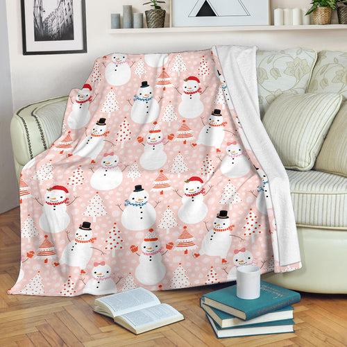 Cute Snowman Christmas Tree Snowpink Background Premium Blanket