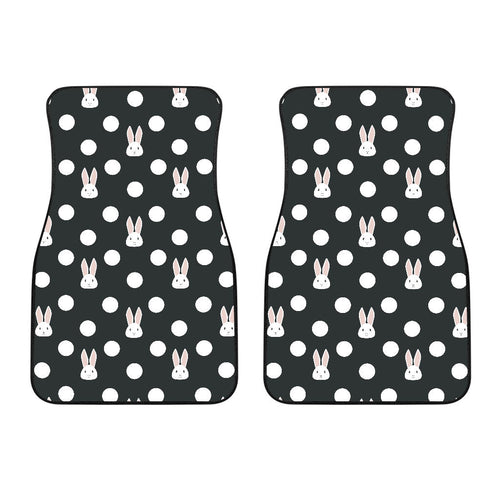 Cute White Rabbit Polka Dots Black Background Front Car Mats