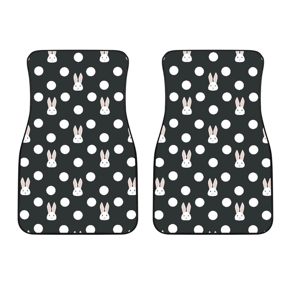 Cute White Rabbit Polka Dots Black Background Front Car Mats