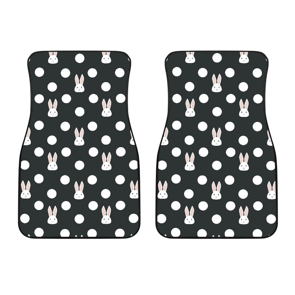Cute White Rabbit Polka Dots Black Background Front Car Mats