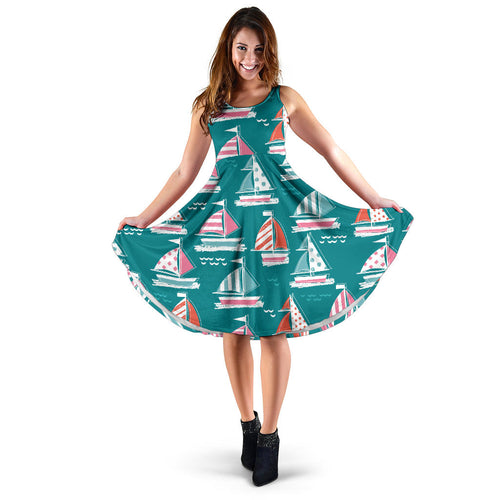 Cute Sailboat Pattern Sleeveless Midi Dress