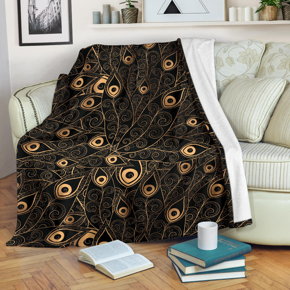 Gold Peacock Feather Pattern Premium Blanket