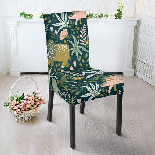 Dinosaurs Tropical Leaves Flower Pattern Dining Chair Slipcover