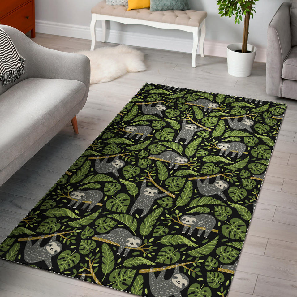 Cute Sloths Tropical Palm Leaves Black Background Area Rug
