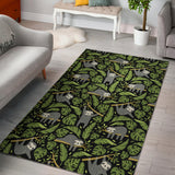 Cute Sloths Tropical Palm Leaves Black Background Area Rug