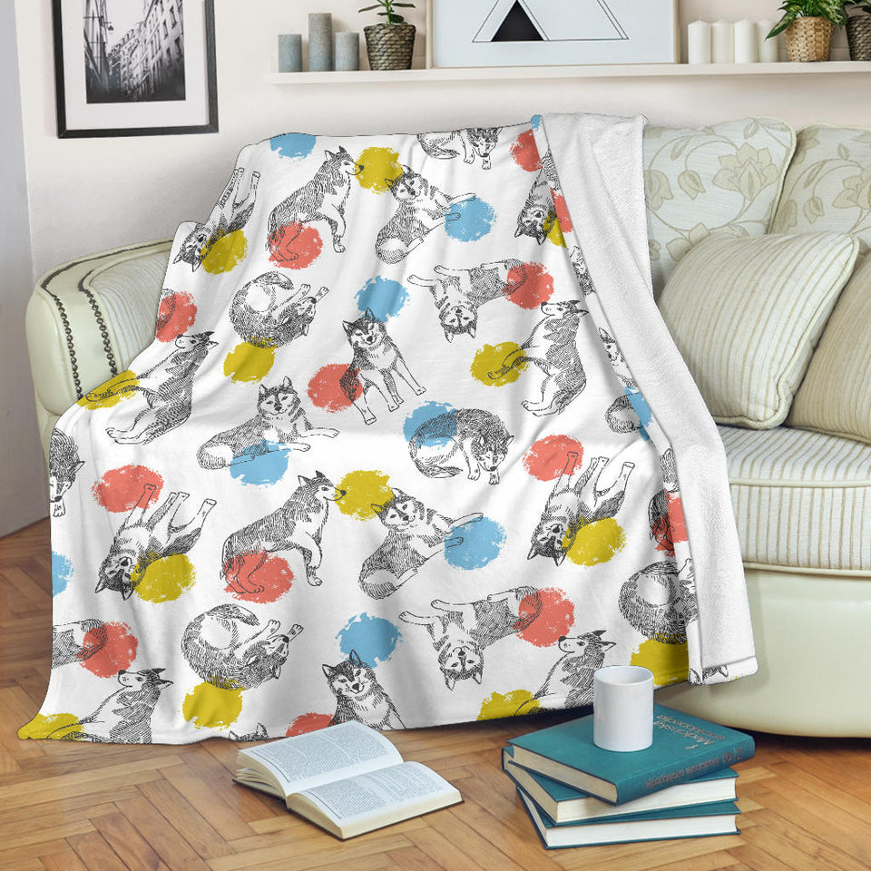 Siberian Husky And Colorful Circle Pattern Premium Blanket
