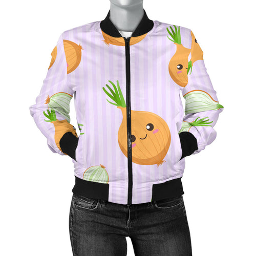 Cute Onions Smiling Faces Purple Background Women'S Bomber Jacket