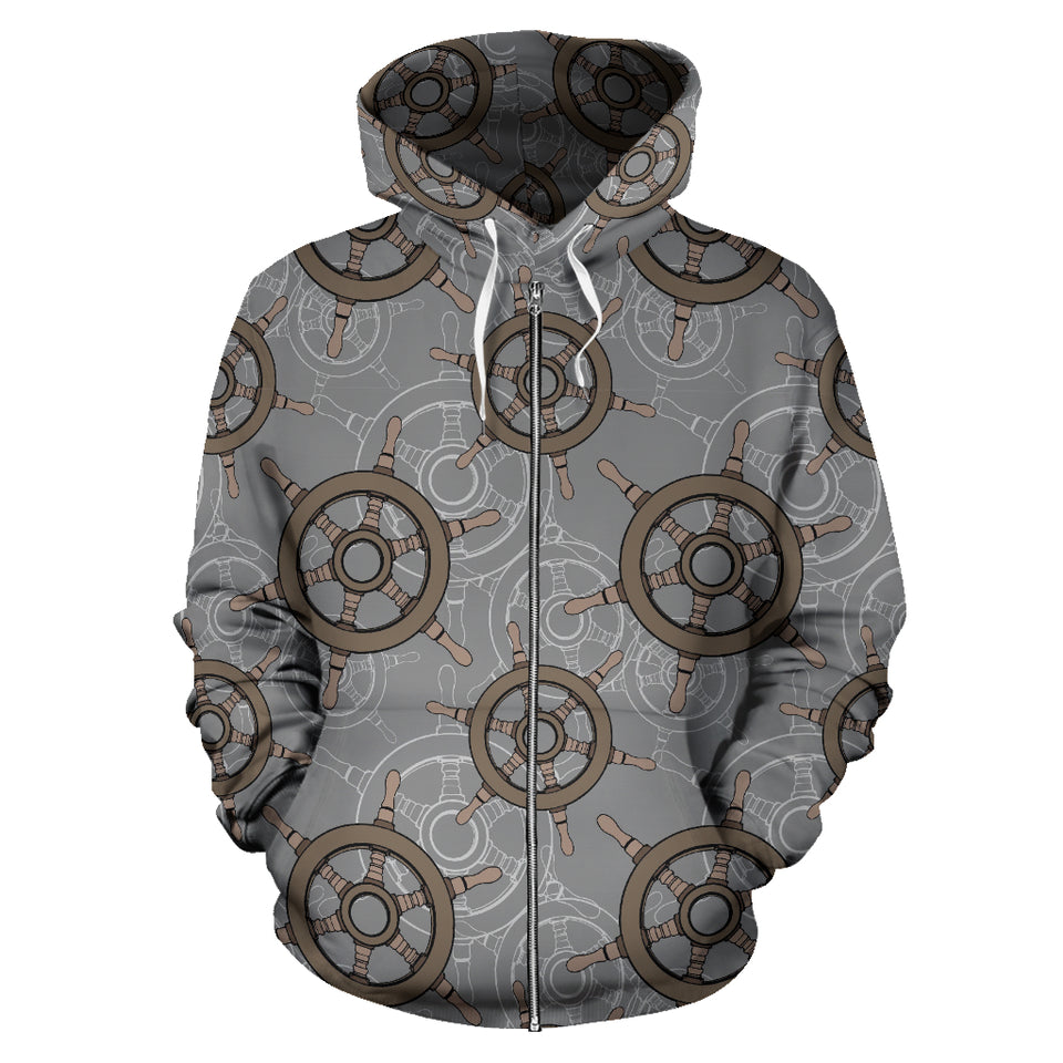 Nautical Wood Steering Wheel Pattern Zip Up Hoodie