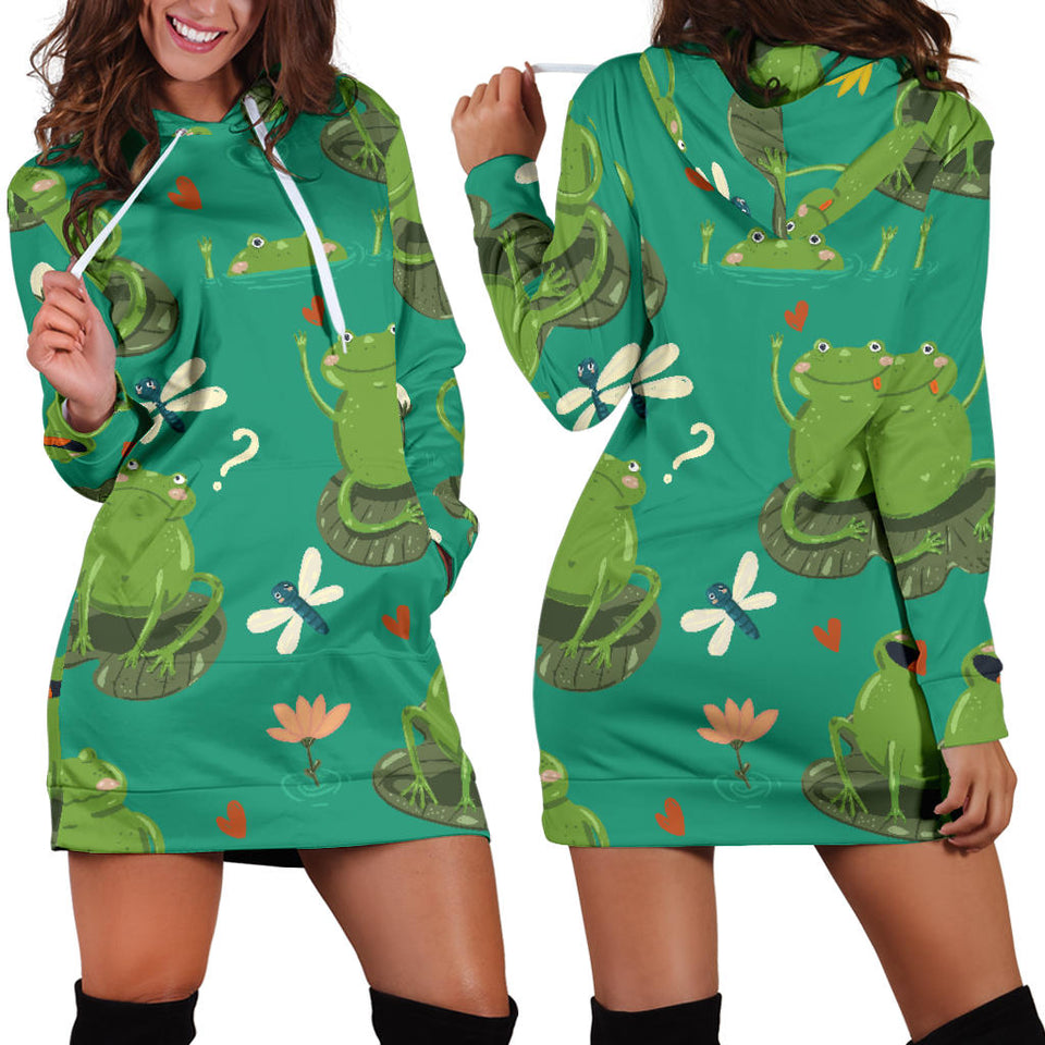 Cute Frog Dragonfly Design Pattern Women'S Hoodie Dress