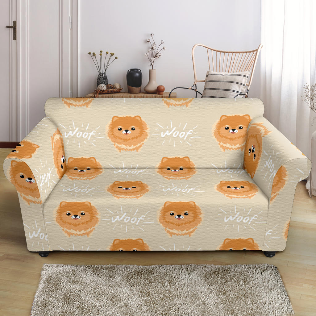 Cute Brown Pomeranian Puppy Loveseat Couch Slipcover