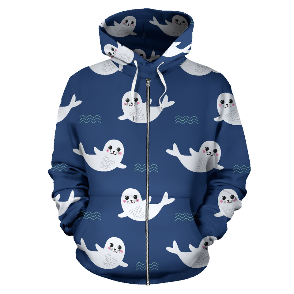 Cute White Baby Sea Lion Seal Pattern Zip Up Hoodie