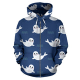 Cute White Baby Sea Lion Seal Pattern Zip Up Hoodie