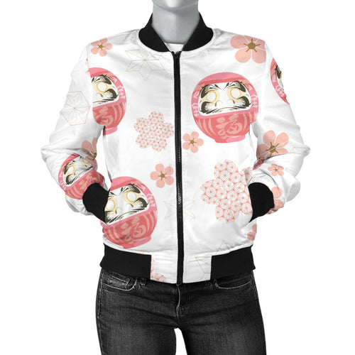 Daruma Japanese Wooden Doll Cherry Blossom Flower Pattern Women'S Bomber Jacket