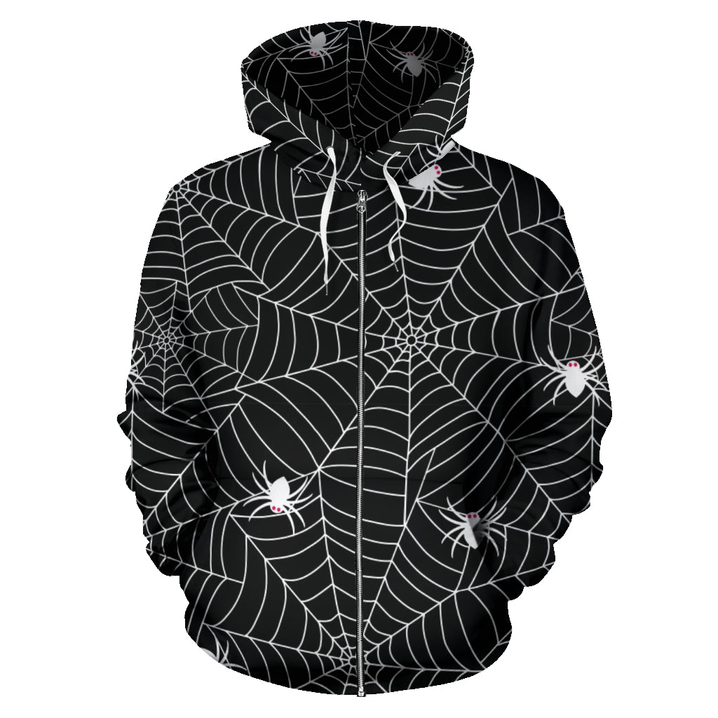 Spider Web Design Pattern Black Background White Cobweb Zip Up Hoodie