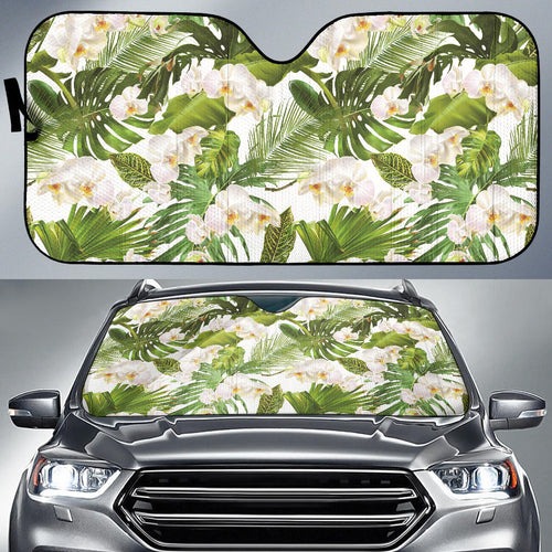 White Orchid Flower Tropical Leaves Pattern Car Sun Shade