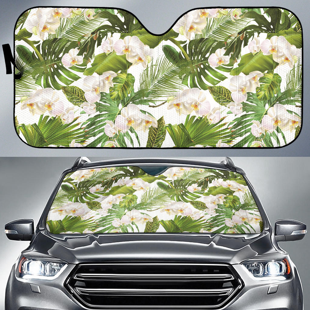 White Orchid Flower Tropical Leaves Pattern Car Sun Shade