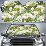 White Orchid Flower Tropical Leaves Pattern Car Sun Shade
