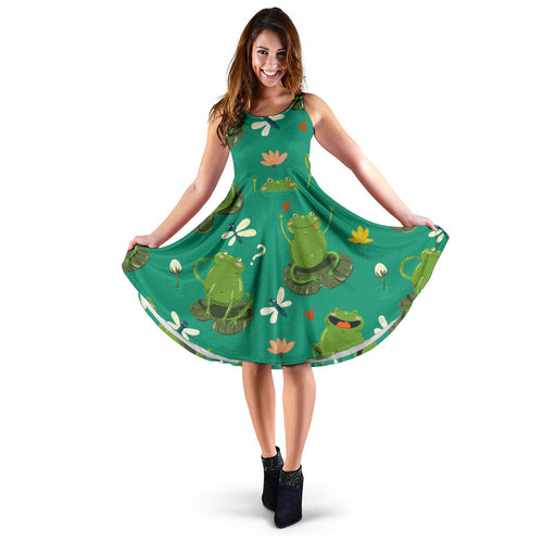 Cute Frog Dragonfly Design Pattern Sleeveless Midi Dress