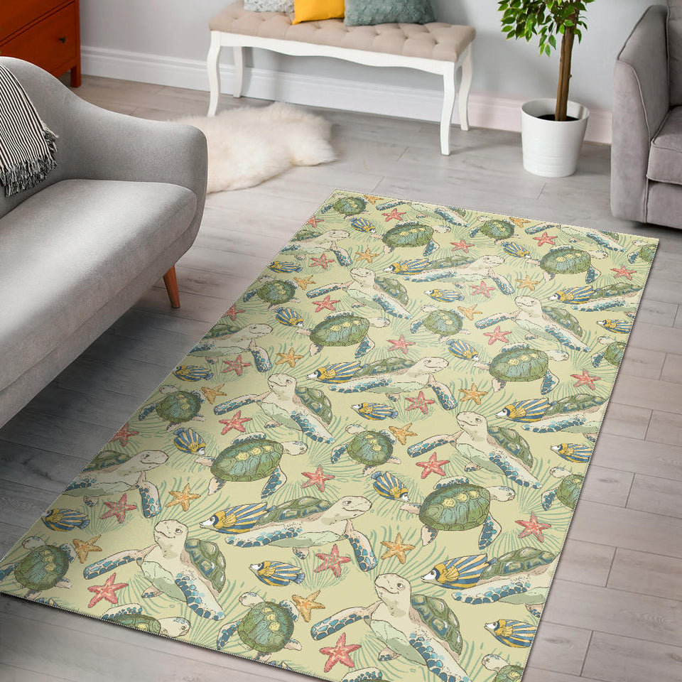 Hand Drawn Sea Turtle Fish Pattern Area Rug
