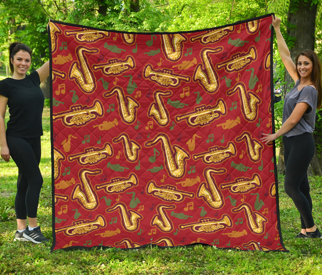 Saxophone Cornet Pattern Red Background Premium Quilt