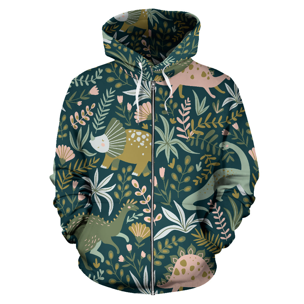 Dinosaurs Tropical Leaves Flower Pattern Zip Up Hoodie