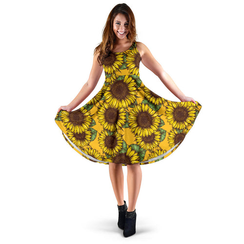 Sunflower Pattern Sleeveless Midi Dress