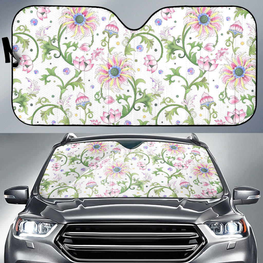 Beautiful Pink Lotus Waterlily Leaves Pattern Car Sun Shade