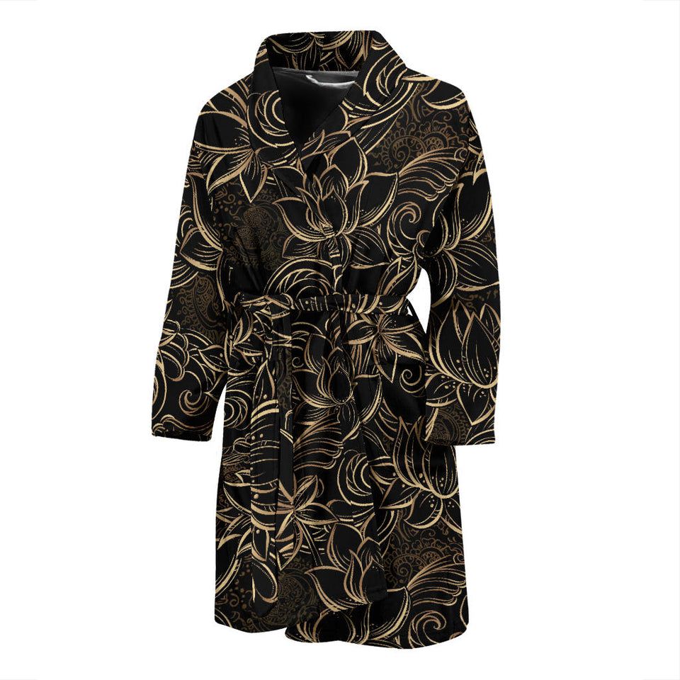 Luxurious Gold Lotus Waterlily Black Background Men'S Bathrobe