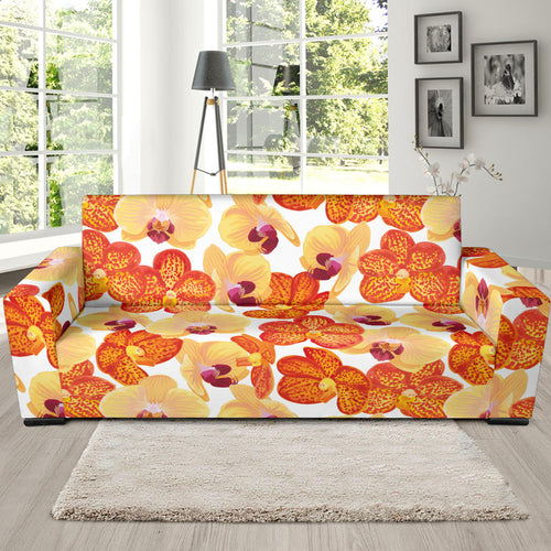 Orange Yellow Orchid Flower Pattern Background Sofa Slipcover