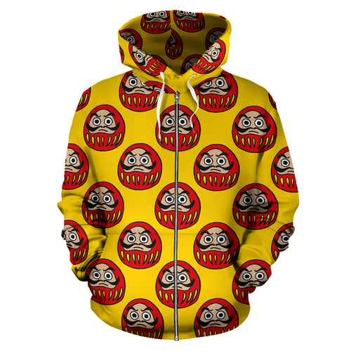 Daruma Japanese Wooden Doll Yellow Background Zip Up Hoodie