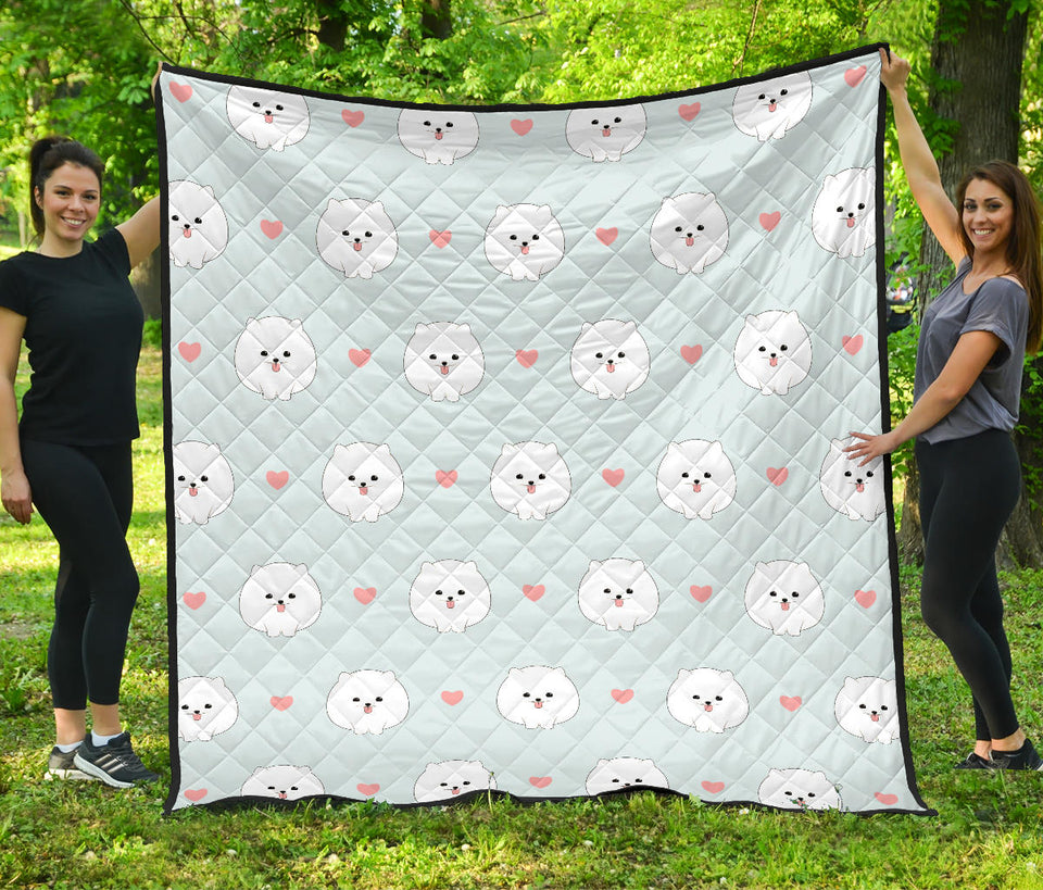 White Cute Pomeranian Pattern Premium Quilt